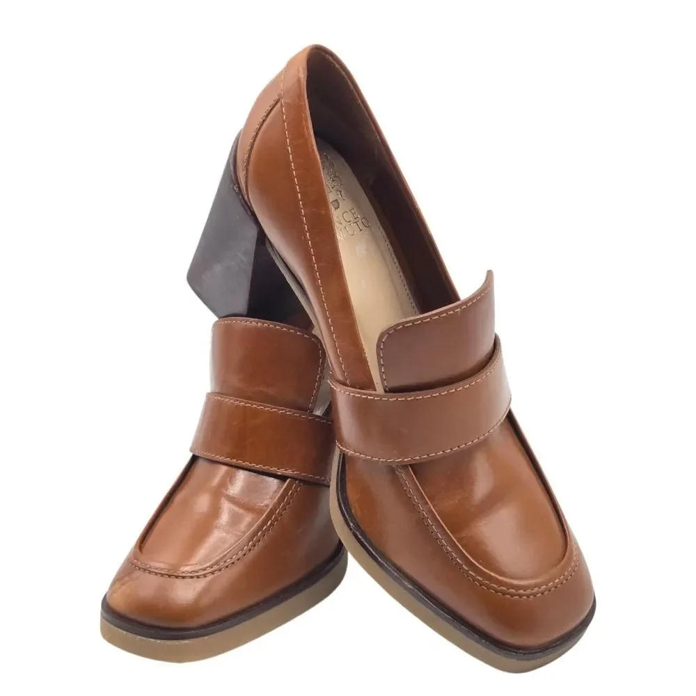 Vince Camuto Women's Cognac Pumps Ezerna Slip On Leather Heeled Loafers Size‎ 8M